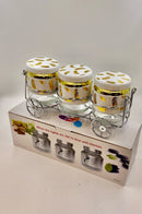 Luxury 3-Piece Spice Jar Set with Golden Feather Design & Metal Stand – Kitchen Organizer