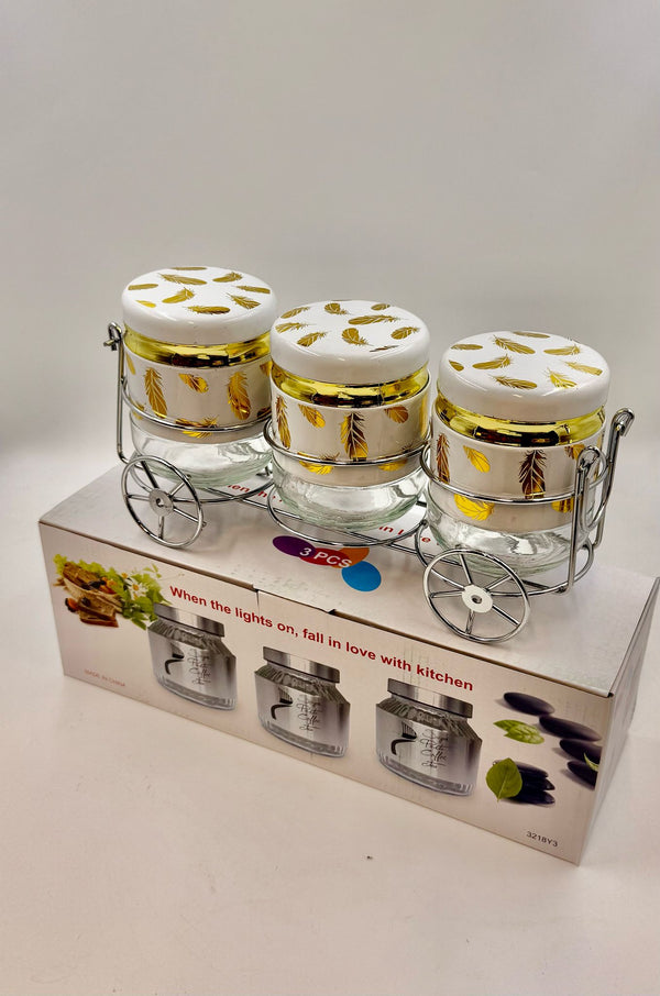 Luxury 3-Piece Spice Jar Set with Golden Feather Design & Metal Stand – Kitchen Organizer